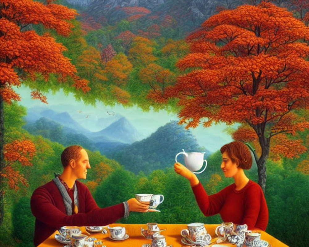 Two individuals pouring tea in autumn mountain landscape