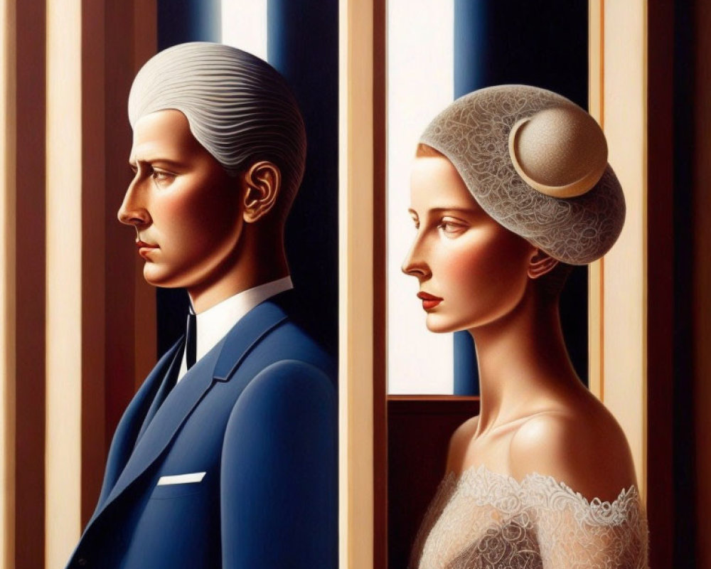 Vintage Elegant Man and Woman Profile Illustration with Vertical Frames