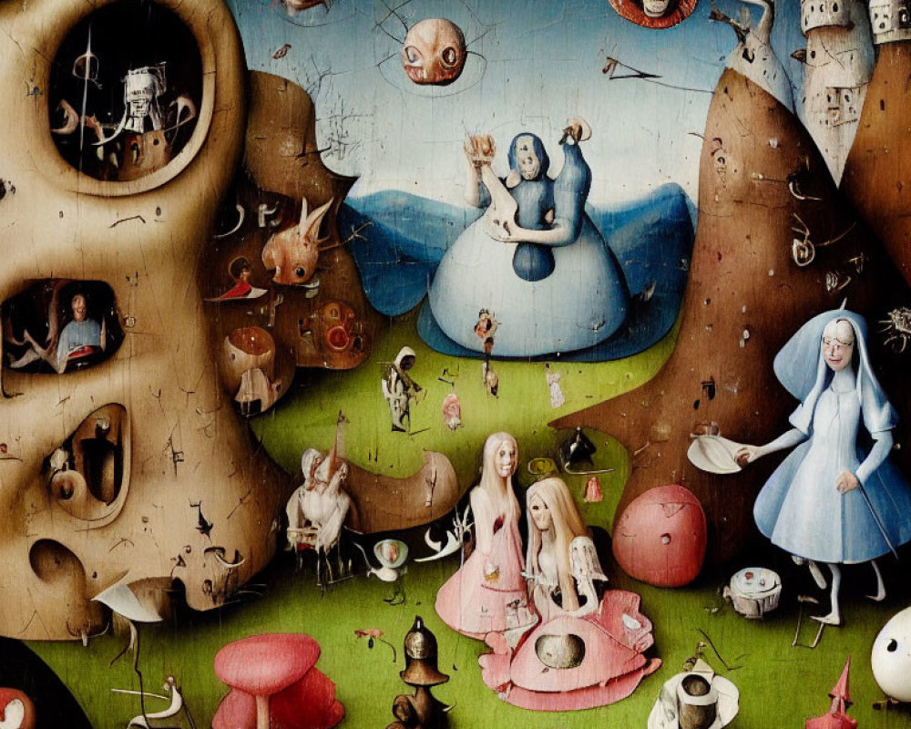 Eclectic surreal painting with humanoid figures and fantastical creatures in an Alice in Wonderland theme