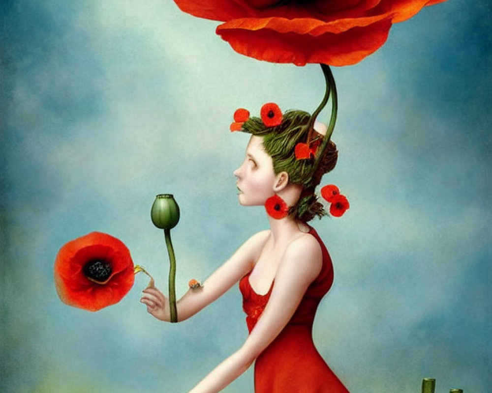 Stylized painting of woman in red dress with poppies, floating poppy, and field of