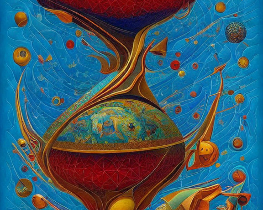 Colorful surreal painting with abstract figures and orbs in cosmic setting