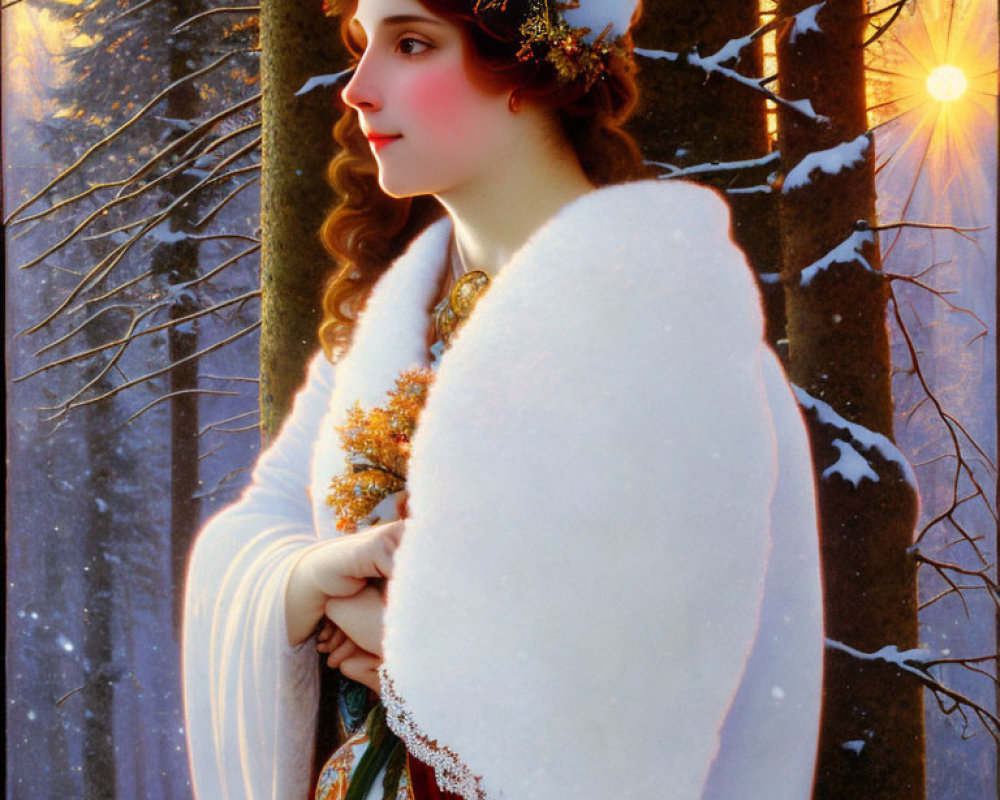 Woman with winter wreath in snowy forest holding fur cloak at sunset