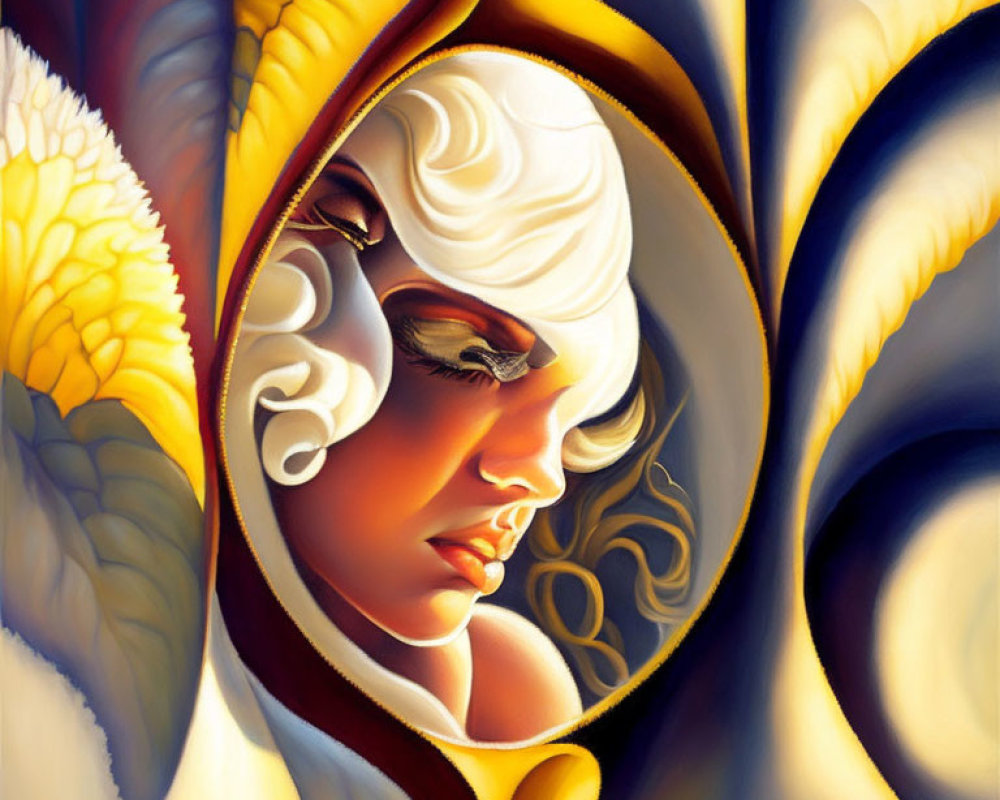 Abstract painting: Stylized woman's face in vibrant yellow and white tones