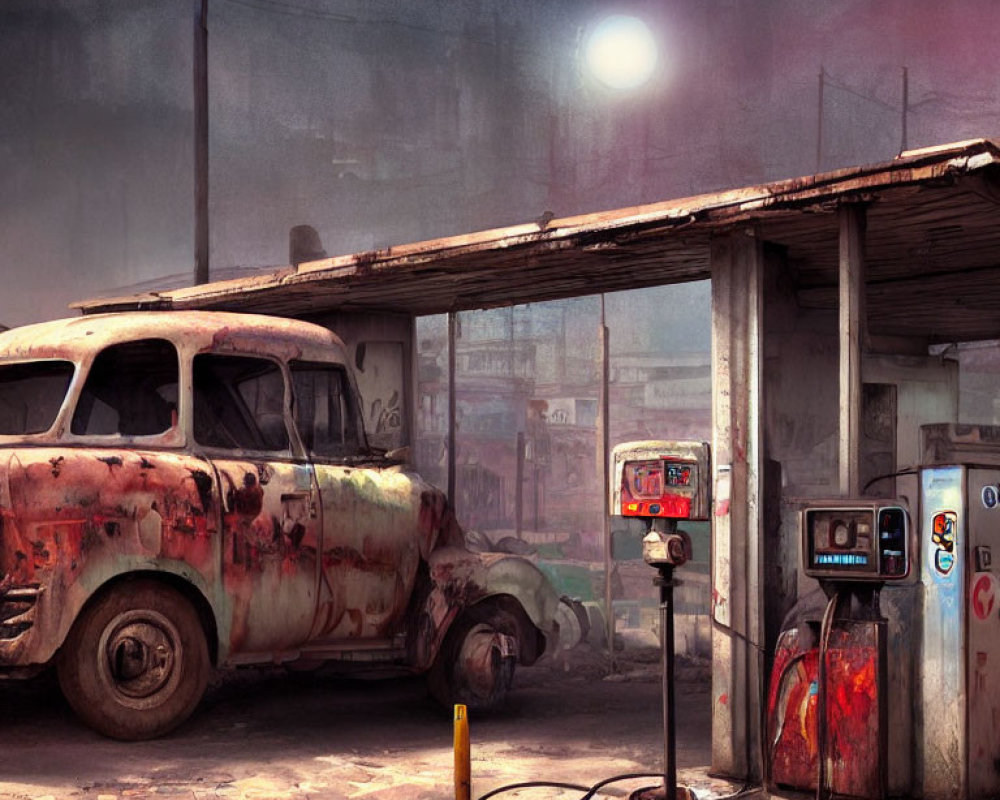 Abandoned gas station with rusty pumps and vintage car under hazy sky