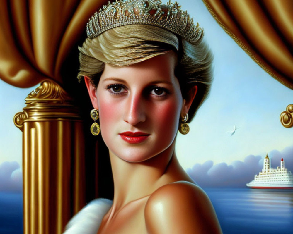 Blond woman in tiara and white dress by the sea