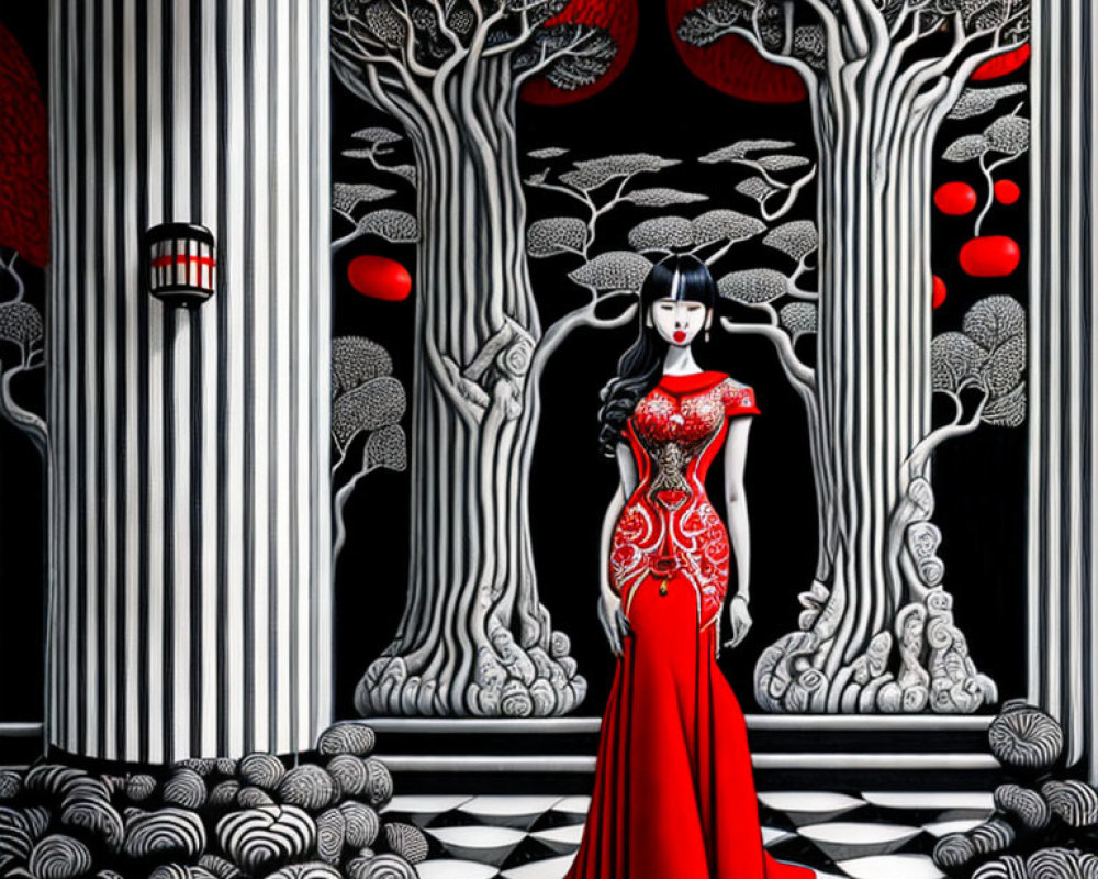 Woman in red traditional dress in surreal forest with red trees.