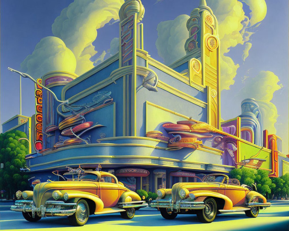 Colorful retro-futuristic artwork with vintage diner, classic cars, and stylized clouds.