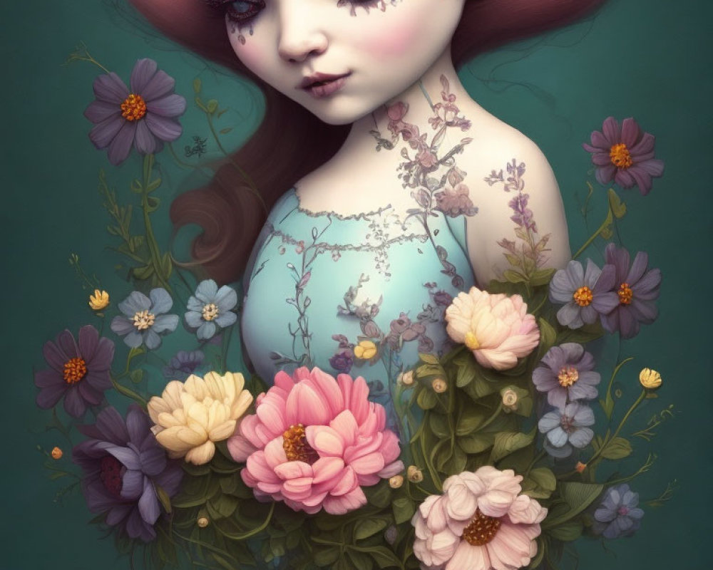 Whimsical illustration of red-haired girl with floral tattoos and vibrant bouquet on teal background