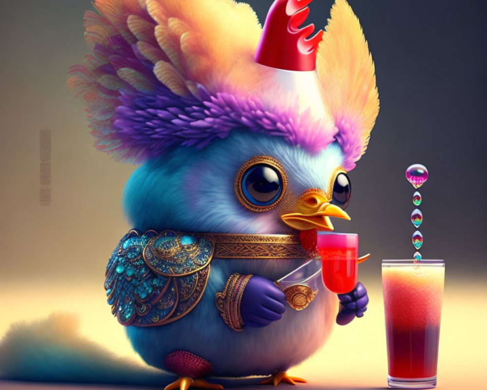 Colorful Crest Bird in Party Hat Sipping Juice