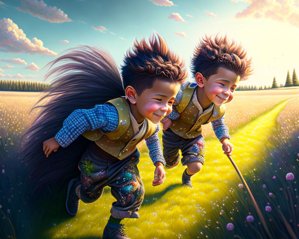 Exaggerated hair and tails on joyful animated boys in vibrant meadow