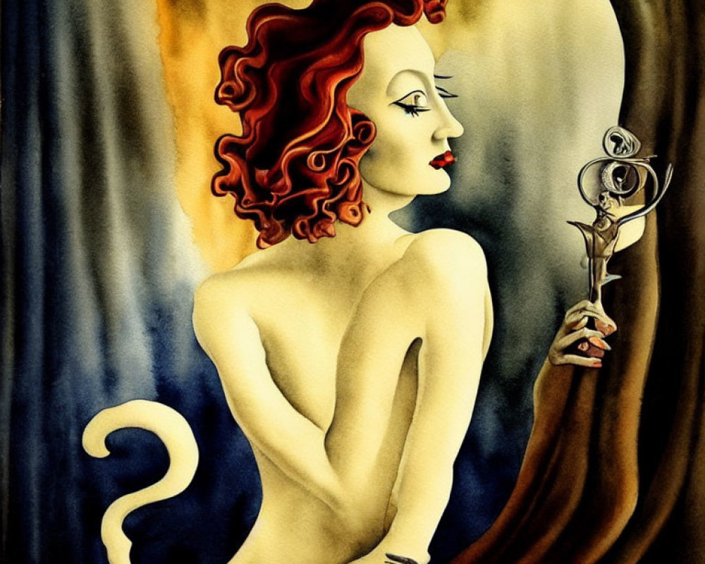 Stylized painting of woman with red curly hair holding wine glass on abstract moonlit background