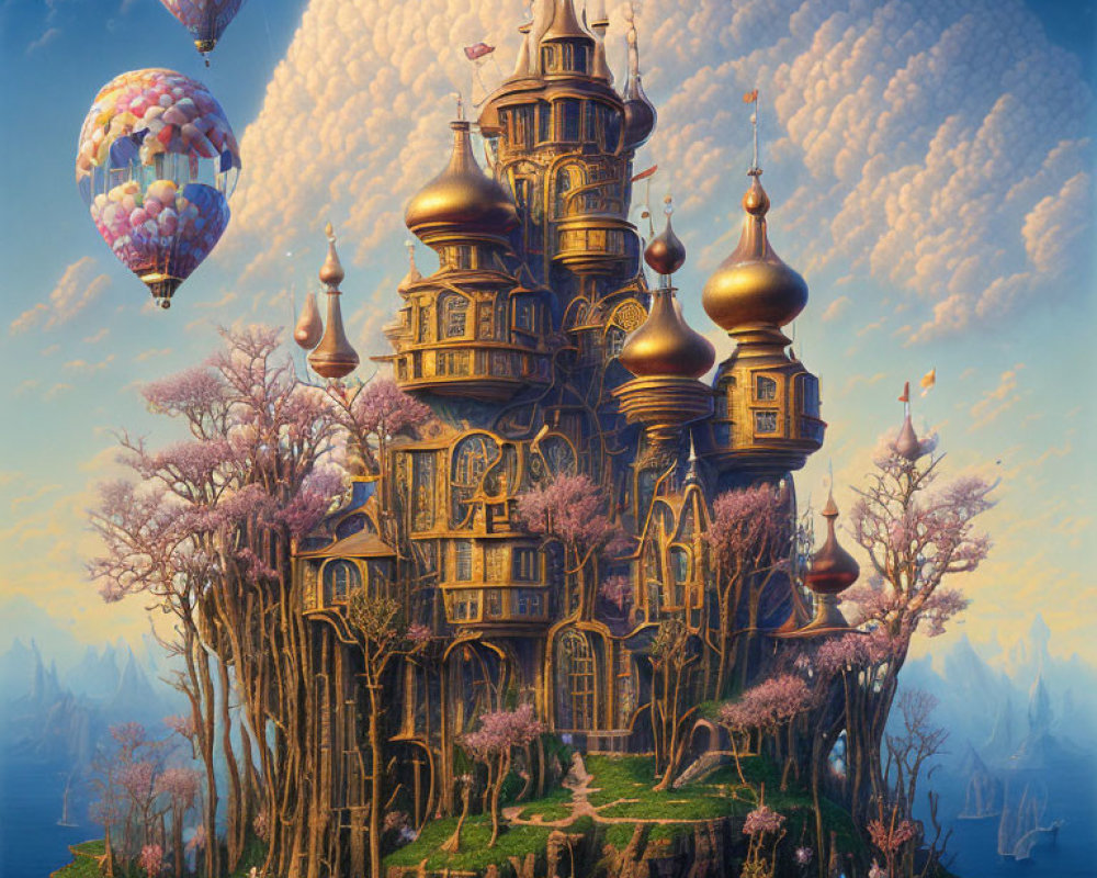 Fantastical castle on floating island with golden domes, pink cherry blossoms, hot air balloons