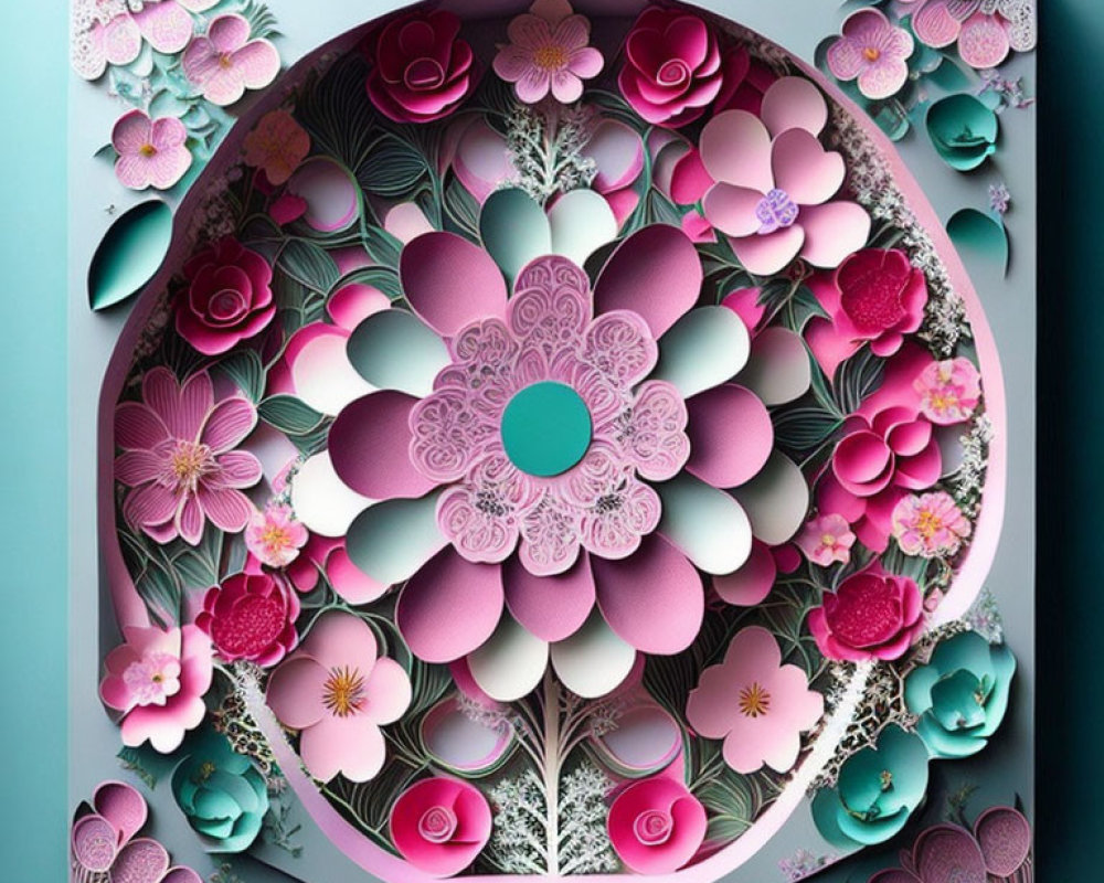 Circular Symmetrical 3D Paper Art: Pink, Purple, and Teal Flowers