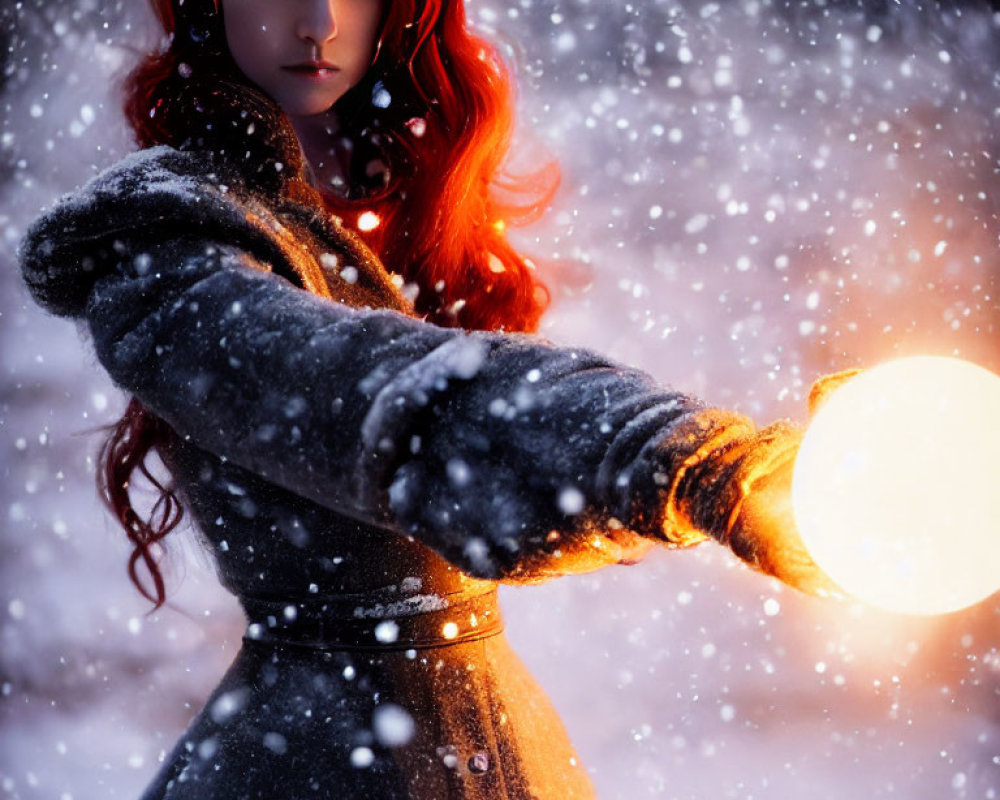 Fiery red-haired person holding glowing orb in snowy setting