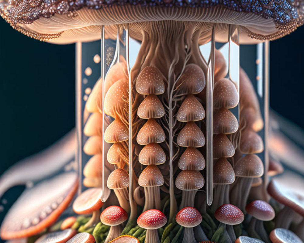 Detailed digital artwork of magical mushroom tree with smaller mushrooms in fantastical perspective