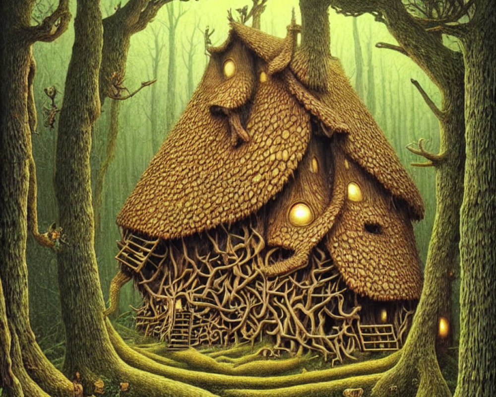 Thatched-Roof Cottage and Gnarly Tree Roots in Misty Forest