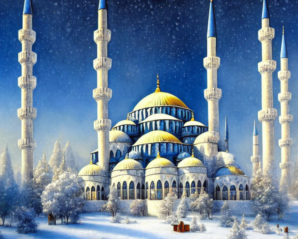 Snow-covered mosque with domes and minarets in wintry scene