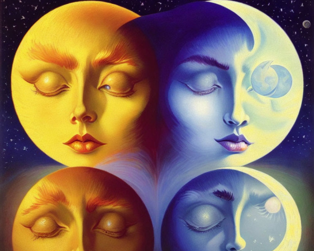 Surreal painting of four faces in celestial night sky