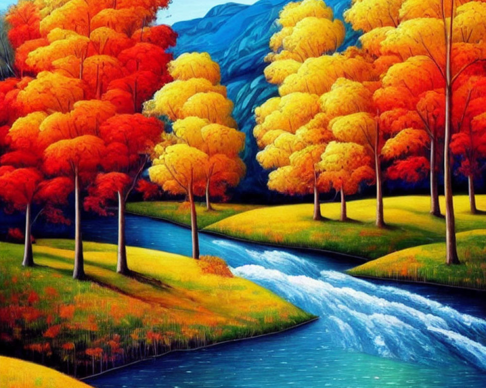 Scenic landscape painting: river, orange and yellow trees, blue mountains