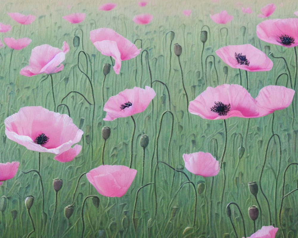 Field of Pink Poppies Painting on Pastel Background