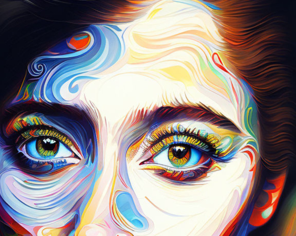 Colorful surreal portrait of a woman with swirling patterns and expressive eyes