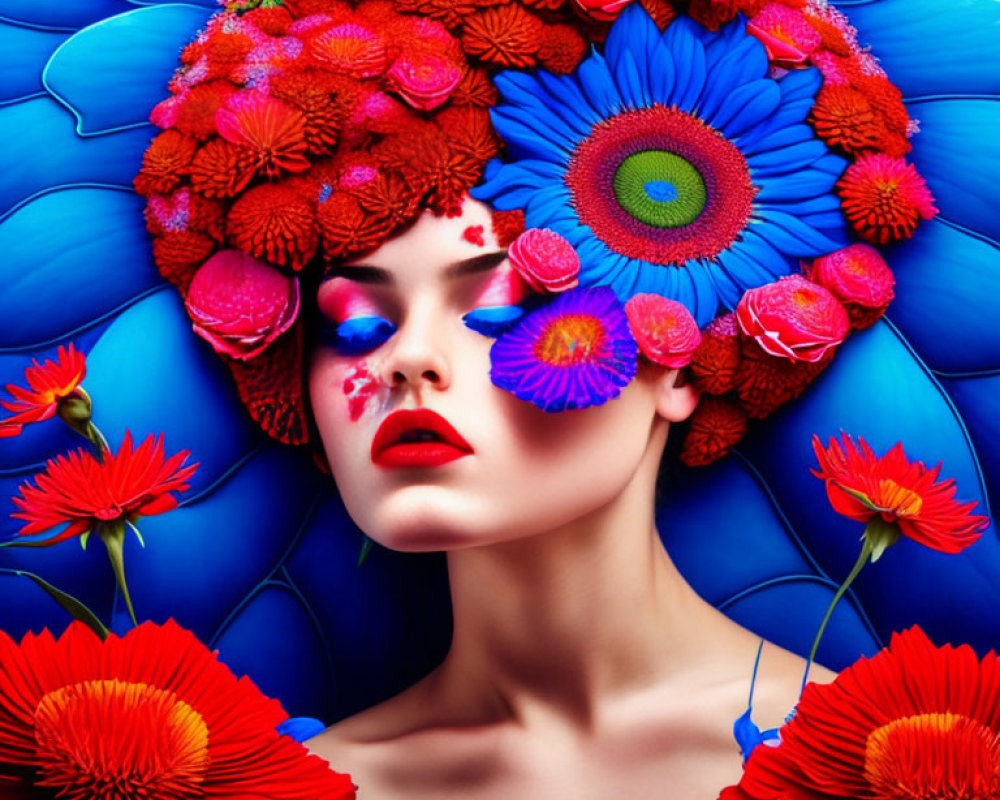 Colorful makeup and floral arrangement on woman creates surreal look