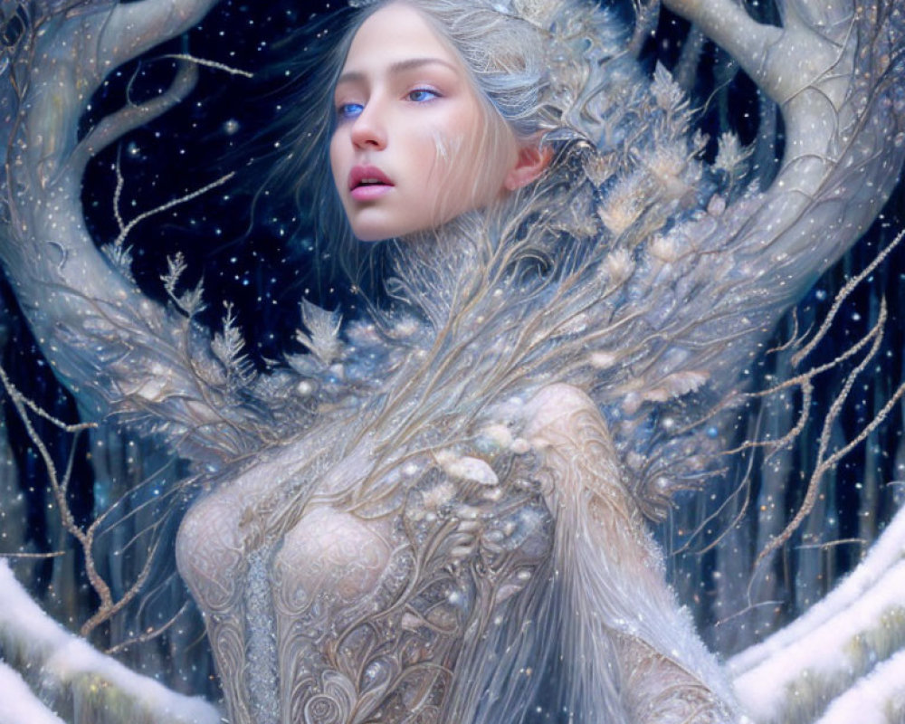 Ethereal woman with frosty hair in snowy forest scene