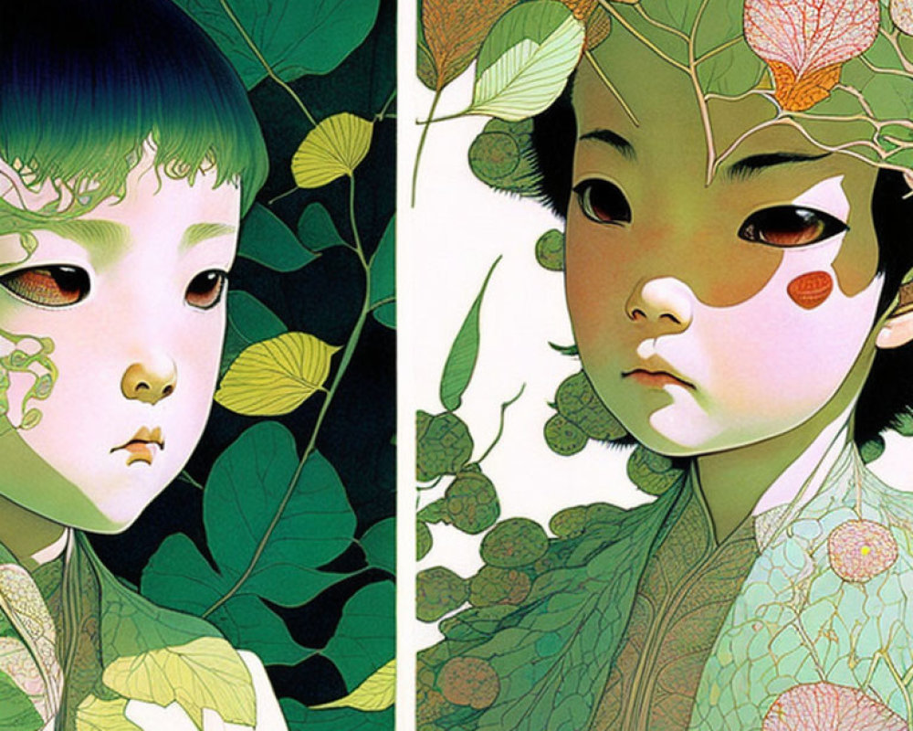 Stylized characters with intricate foliage patterns in serene setting