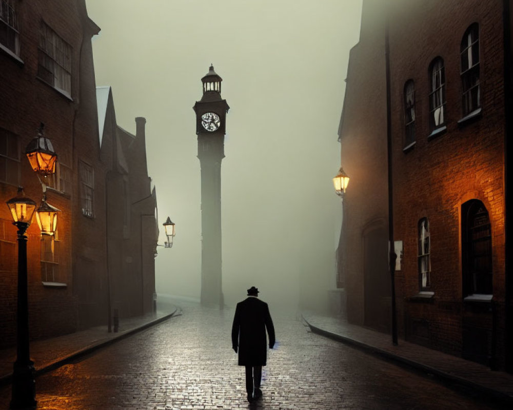 Solitary figure walking towards clock tower on foggy street with lampposts and brick buildings