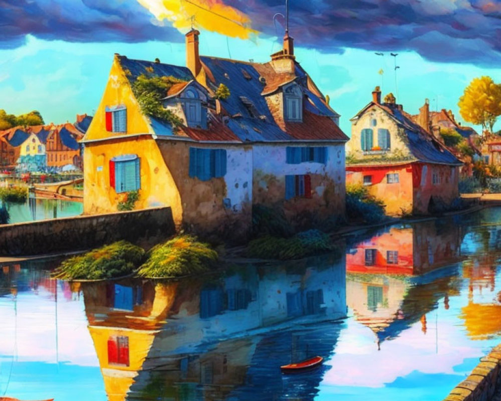 Vividly colored houses by calm water at sunset with boats nearby