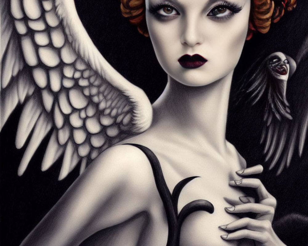 Red-haired woman with angelic wing and sinister figure - Artistic portrayal