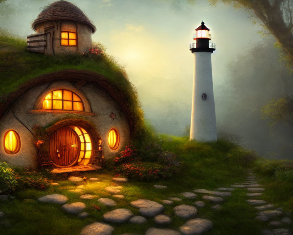 Illustration of cozy hobbit-like house and lighthouse in misty setting