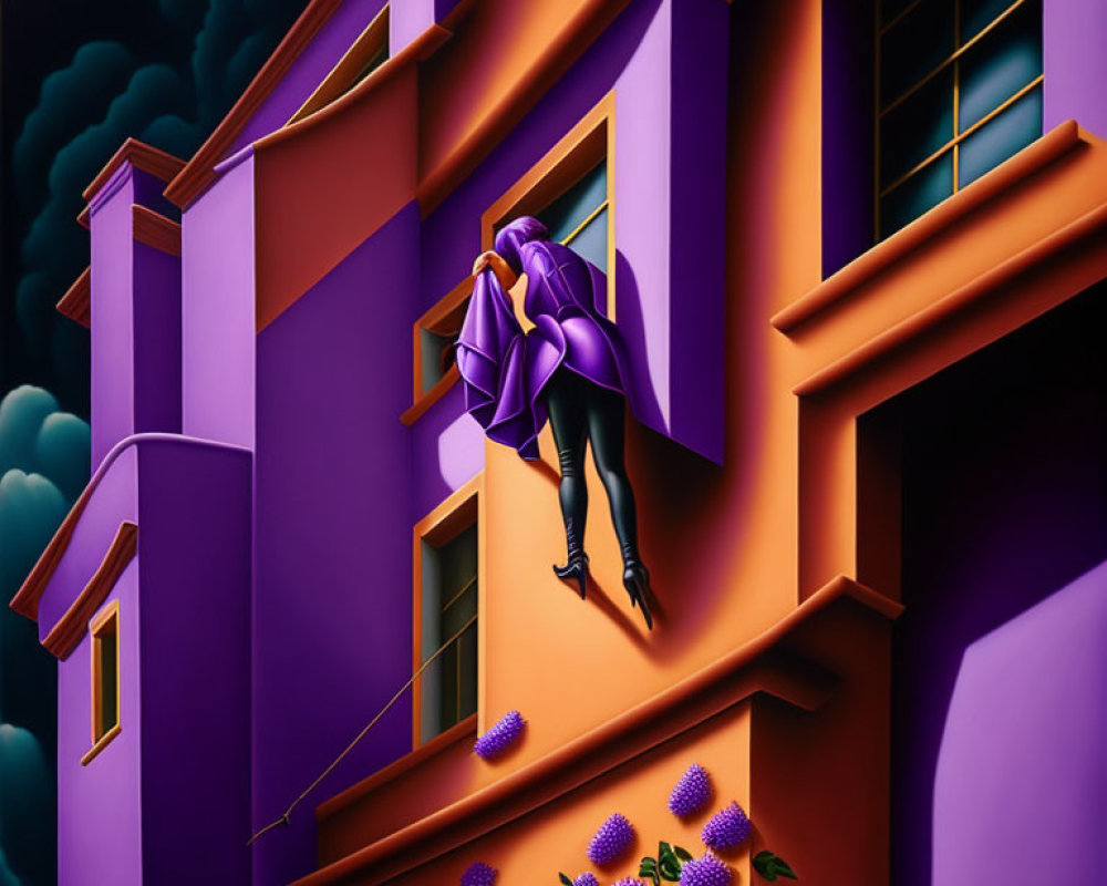 Person in purple cape scaling vibrant building with dark clouds and flowers