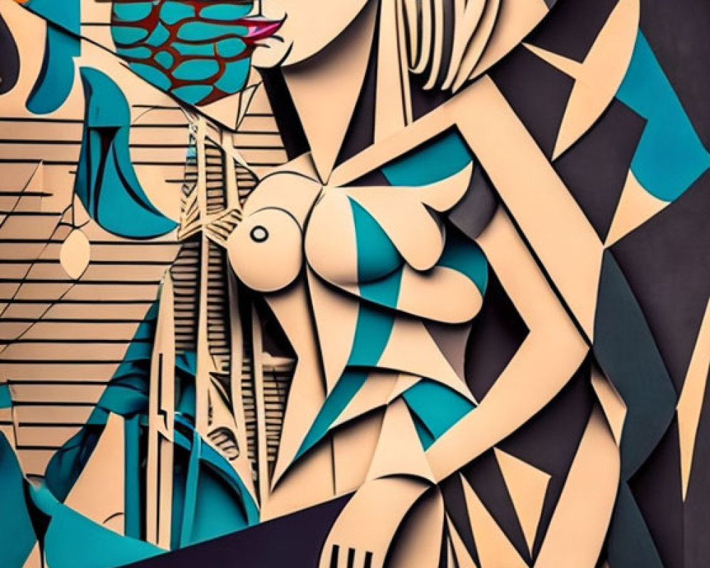 Abstract Cubist-Style Art: Colorful Female Figure with Geometric Patterns