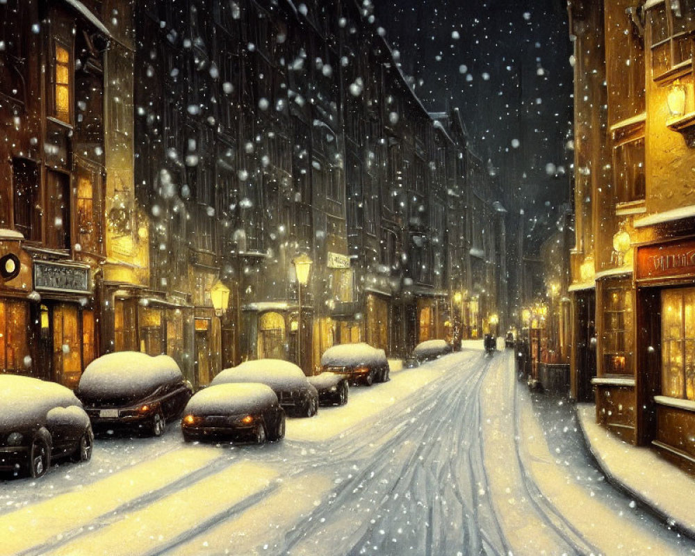 Snow-covered Night Street Scene with Parked Cars, Lit Shops, and Falling Snowflakes