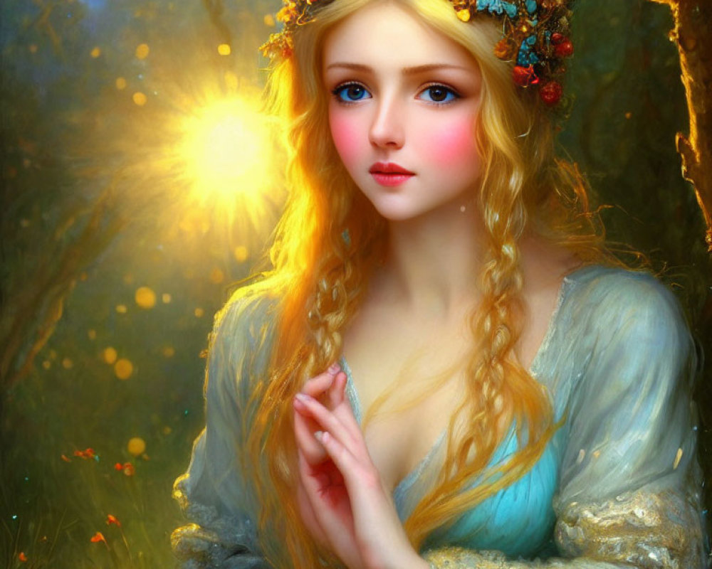 Blonde woman with braided hair in floral crown in enchanted forest