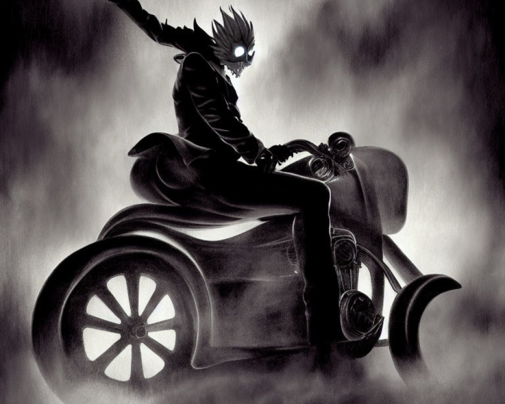 Monochromatic art of stylized figure on futuristic motorcycle