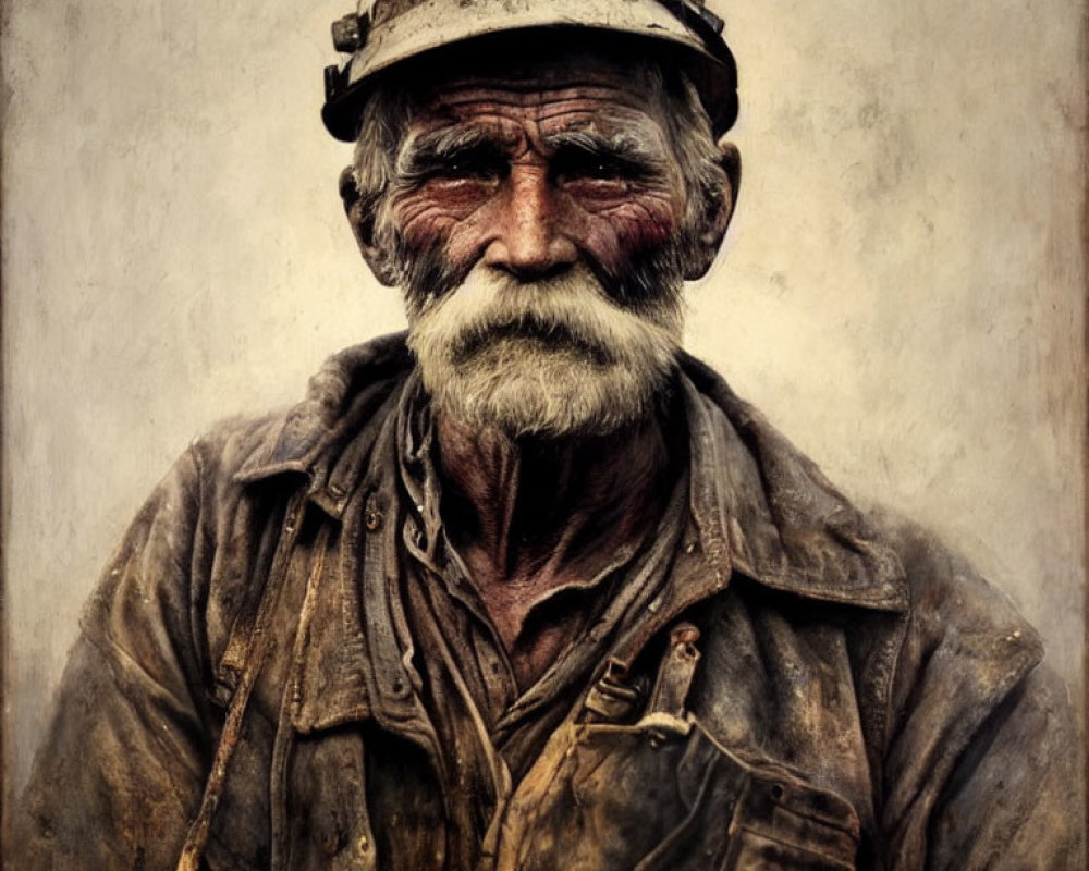 Weathered-faced coal miner in headlamp helmet covered in grime