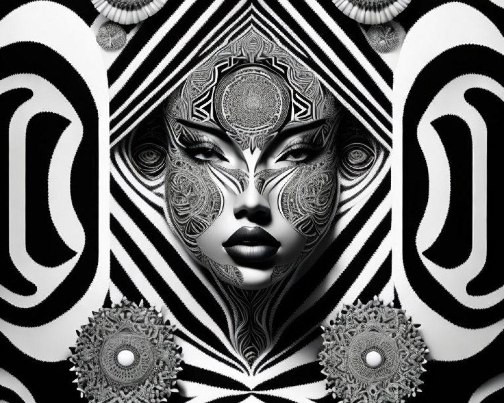 Monochromatic symmetrical artwork of female face with intricate patterns.