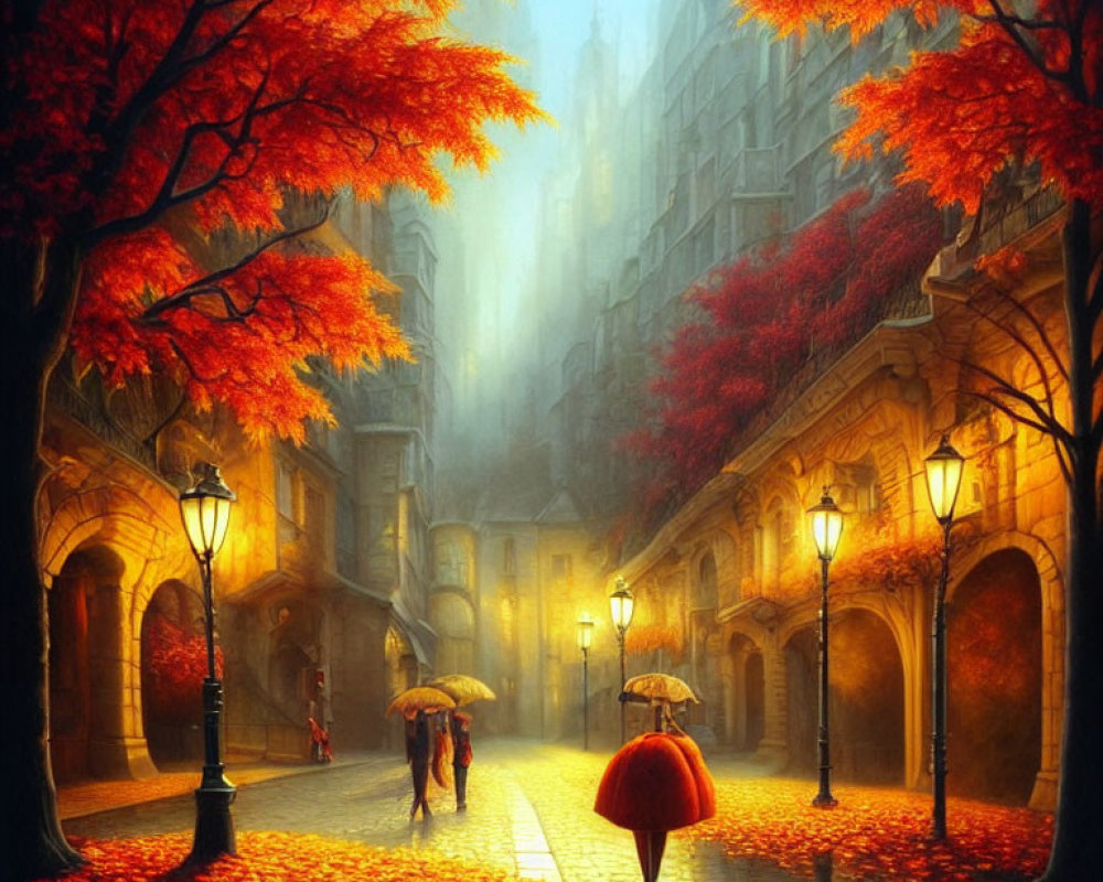 Autumn scene: cobblestone street, colorful trees, vintage lamps, people with umbrellas