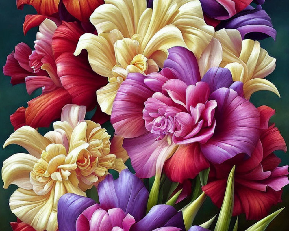 Colorful Tulip Bouquet with Intricate Petals on Dark Background