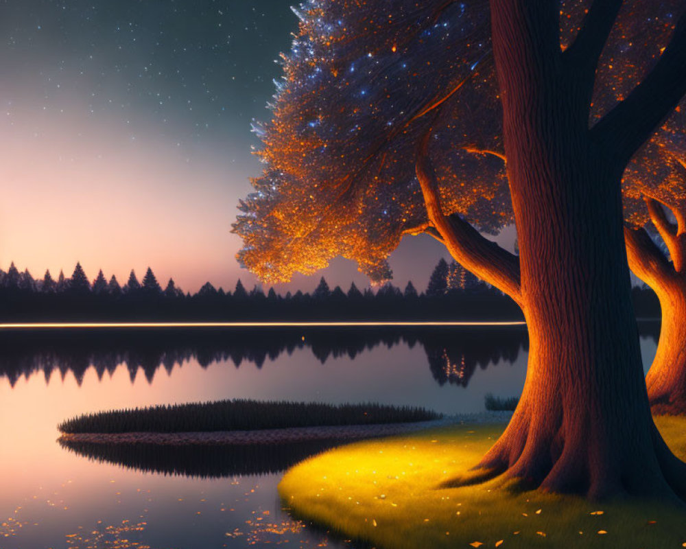 Twilight scene with illuminated trees by a calm lake