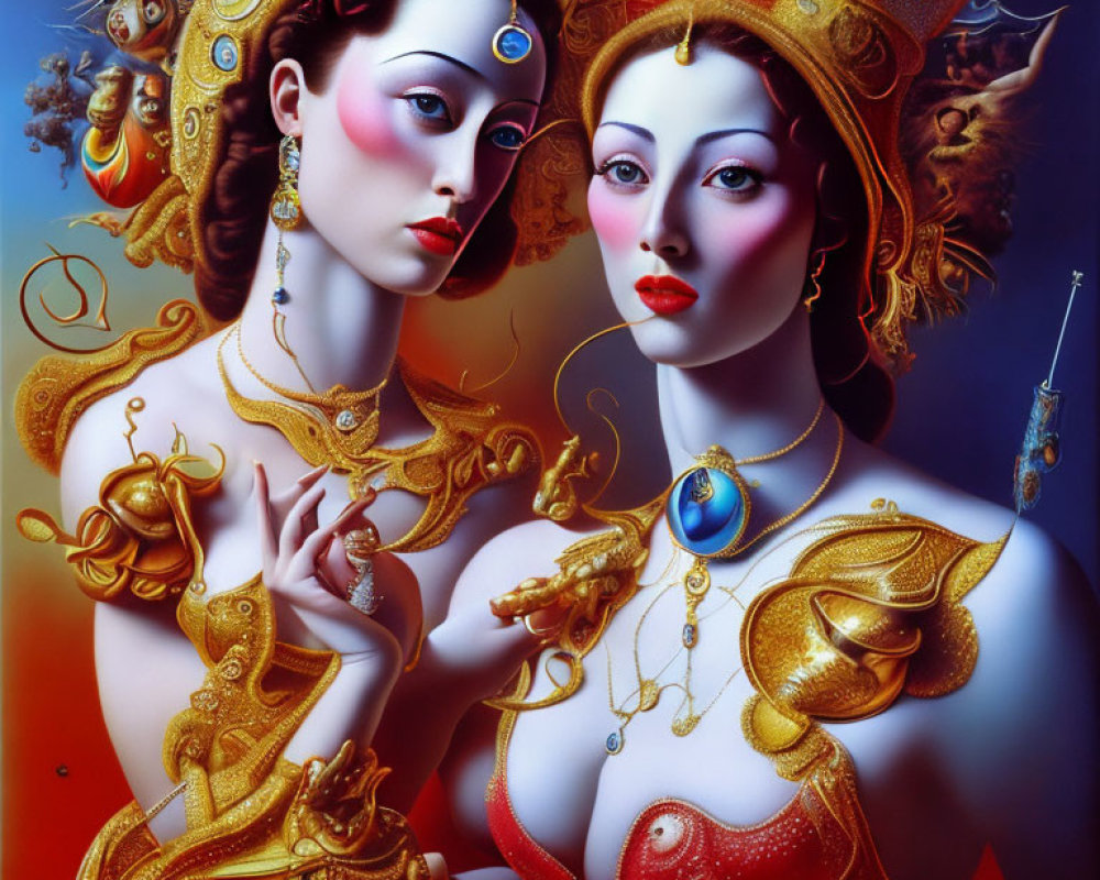 Elaborate Gold Headdresses on Female Figures against Blue Background