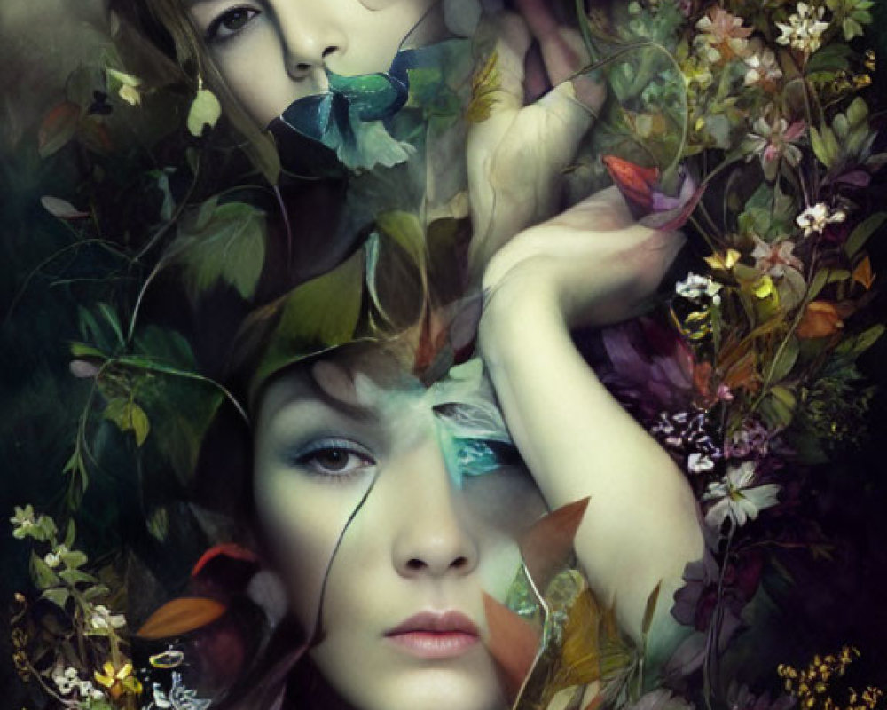 Collage of women's faces with colorful flowers and leaves