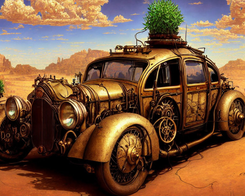 Retro-futuristic car with intricate metalwork and tree in desert landscape