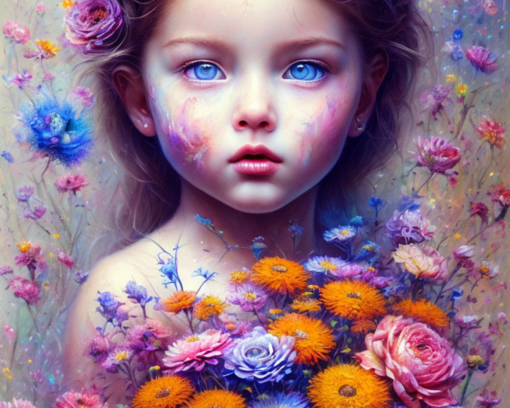 Young girl with blue eyes surrounded by vibrant flowers in dreamlike portrait