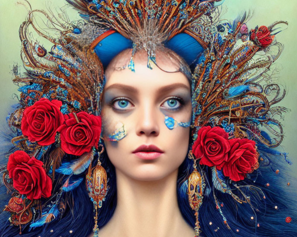 Woman with vibrant blue headdress, peacock feathers, red roses, intricate face paint, and blue