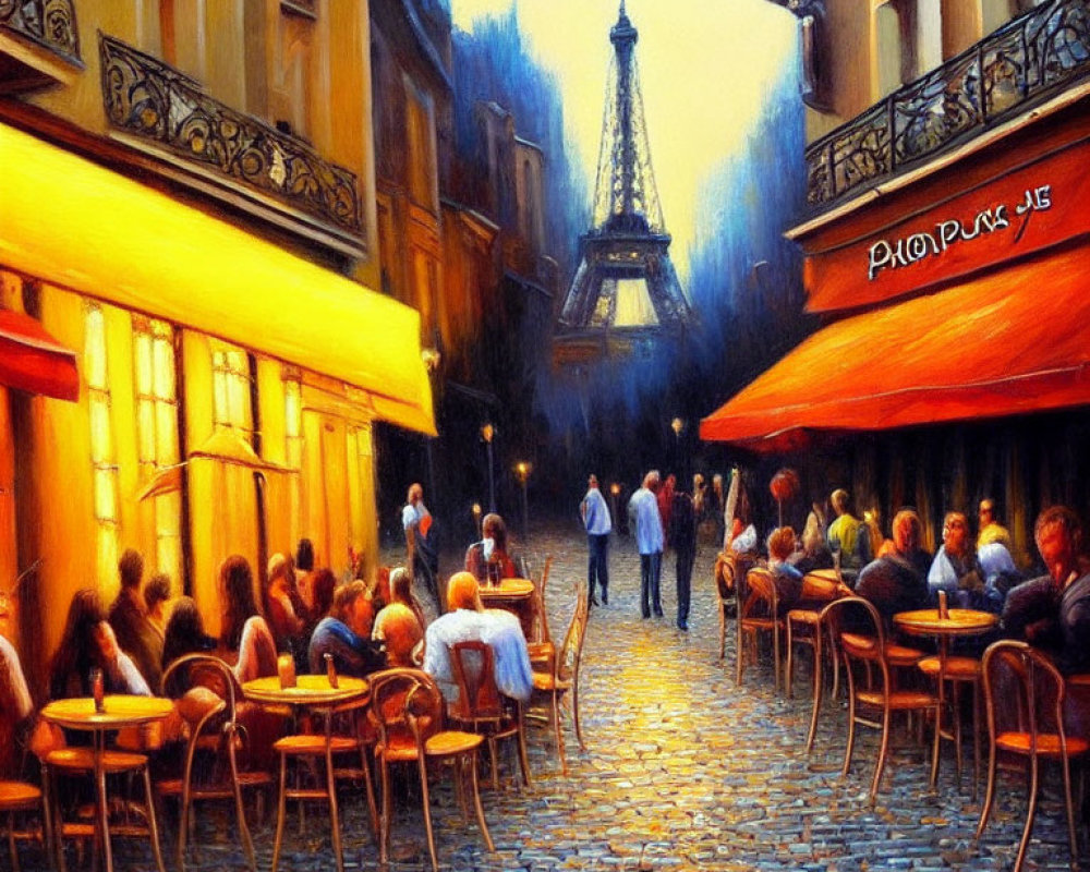 Vibrant painting of Parisian street at dusk with Eiffel Tower