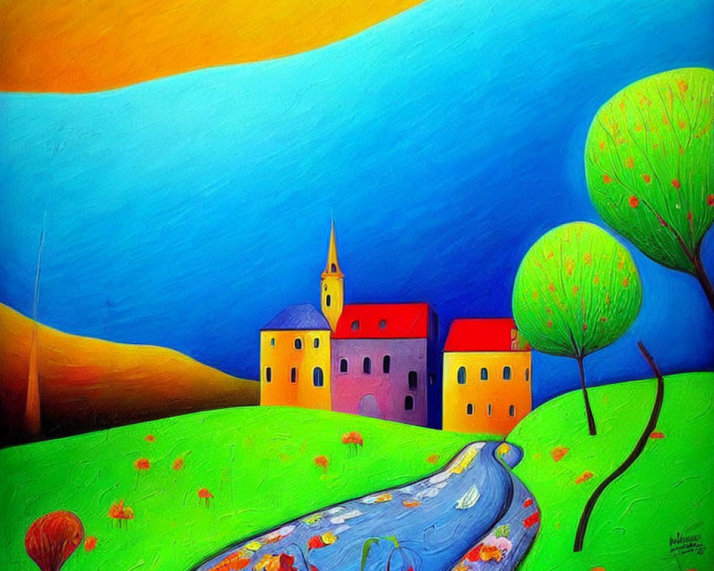 Colorful Rural Landscape Painting with Stream, Church, and Trees