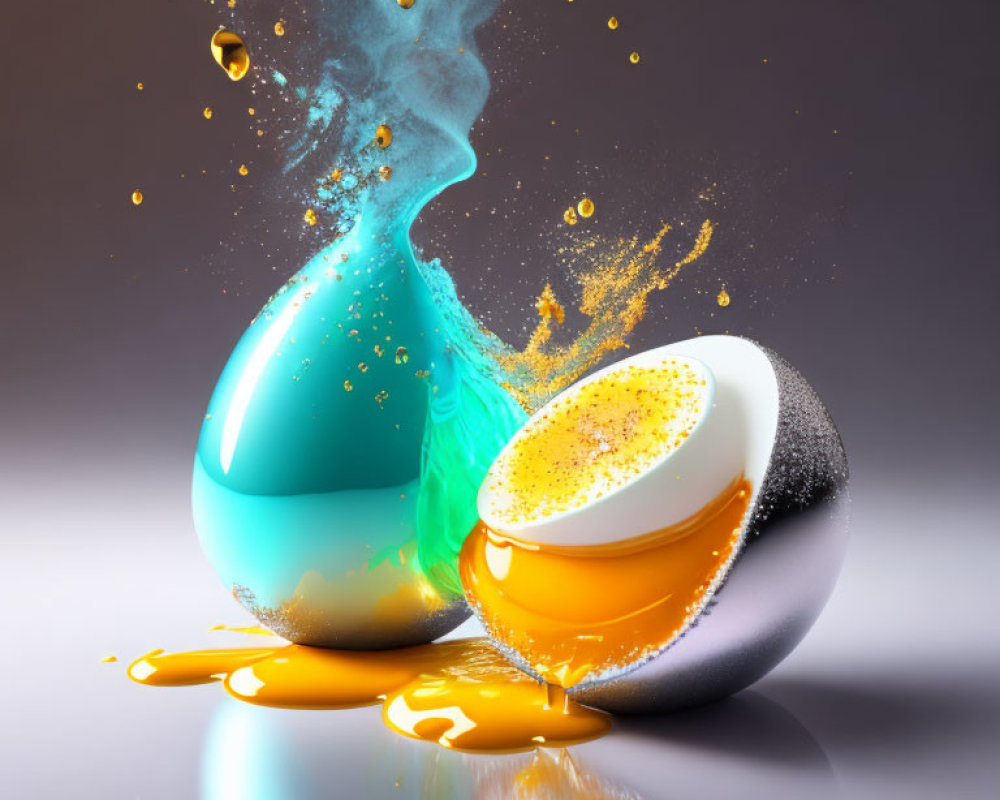 Colorful liquid yolks splashing from cracked eggs on reflective surface